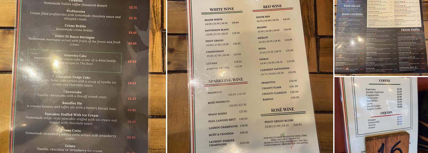 The Boot Italian Gastropub Menu