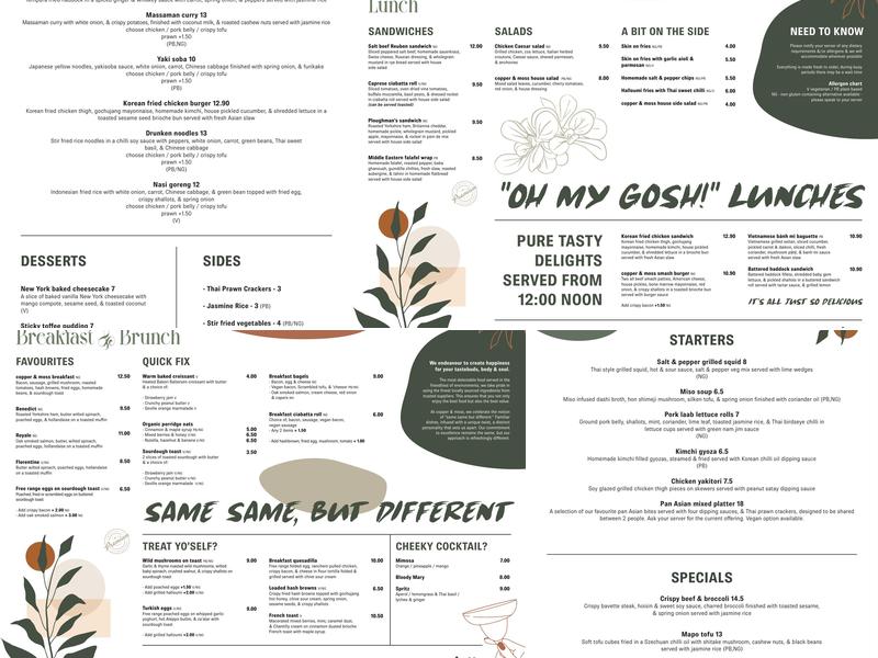 Copper and Moss Menu