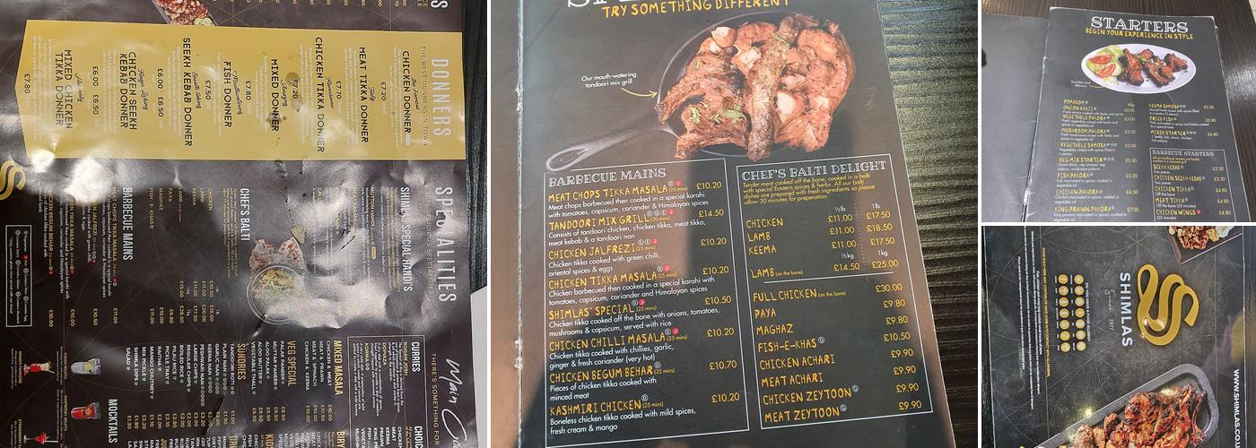 Shimlas Bradford Menu