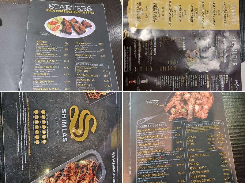 Shimlas Bradford Menu