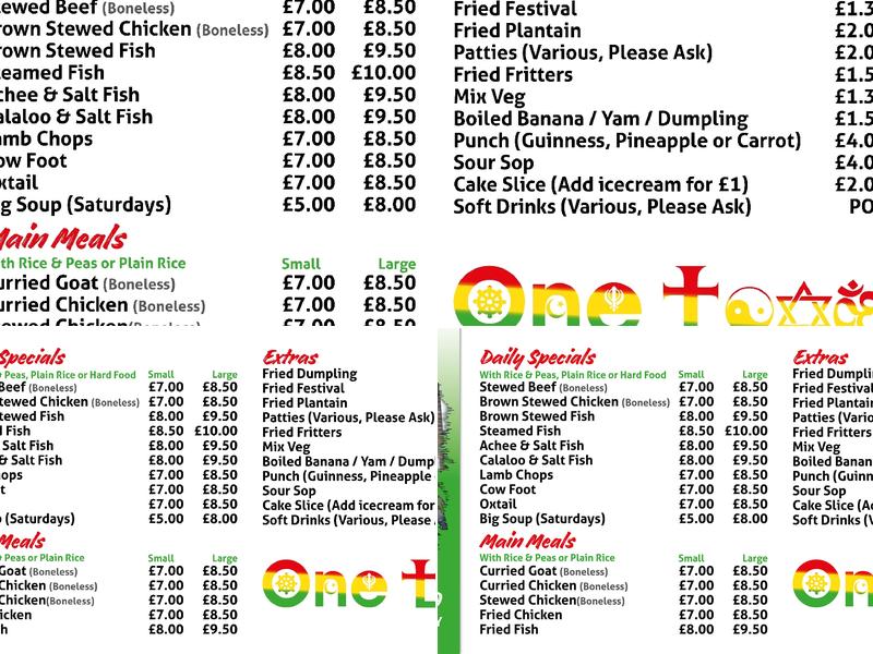 Evettes One Love Menu