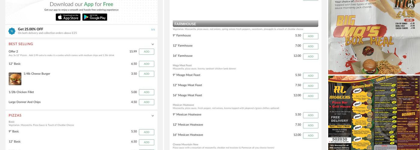 Mobeens Takeaway Pizza and Grill Menu