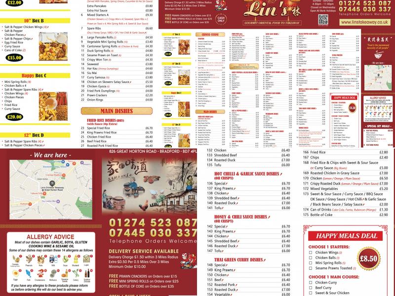 Lin's Chinese Takeaway @ Great Horton Road Menu