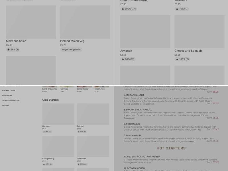 Shaam Lebanese Restaurant Menu