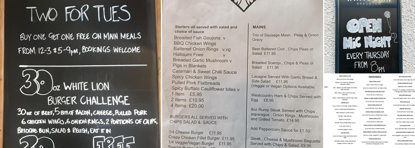 The white lion Braunton Menu