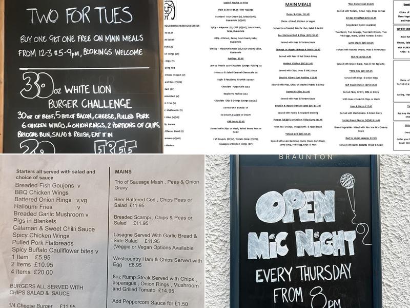 The white lion Braunton Menu