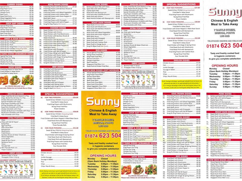 Sunnys Menu