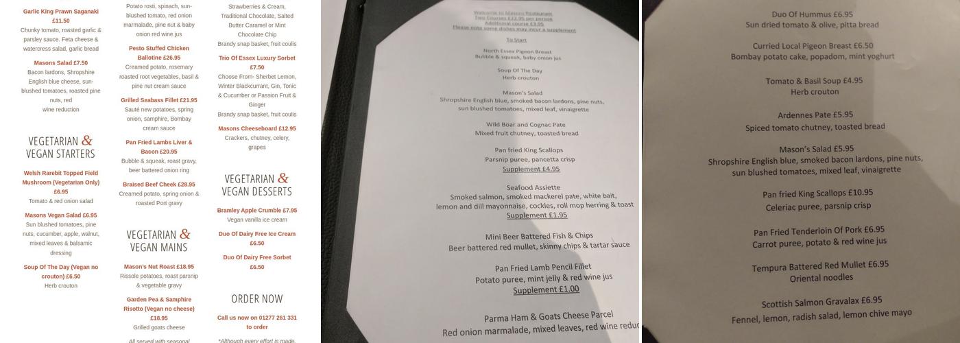 Masons Restaurant Menu