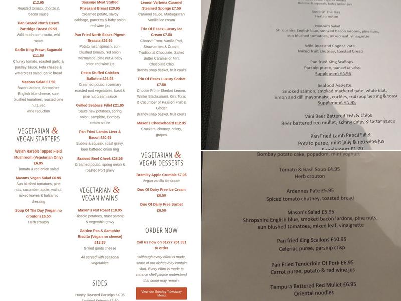 Masons Restaurant Menu