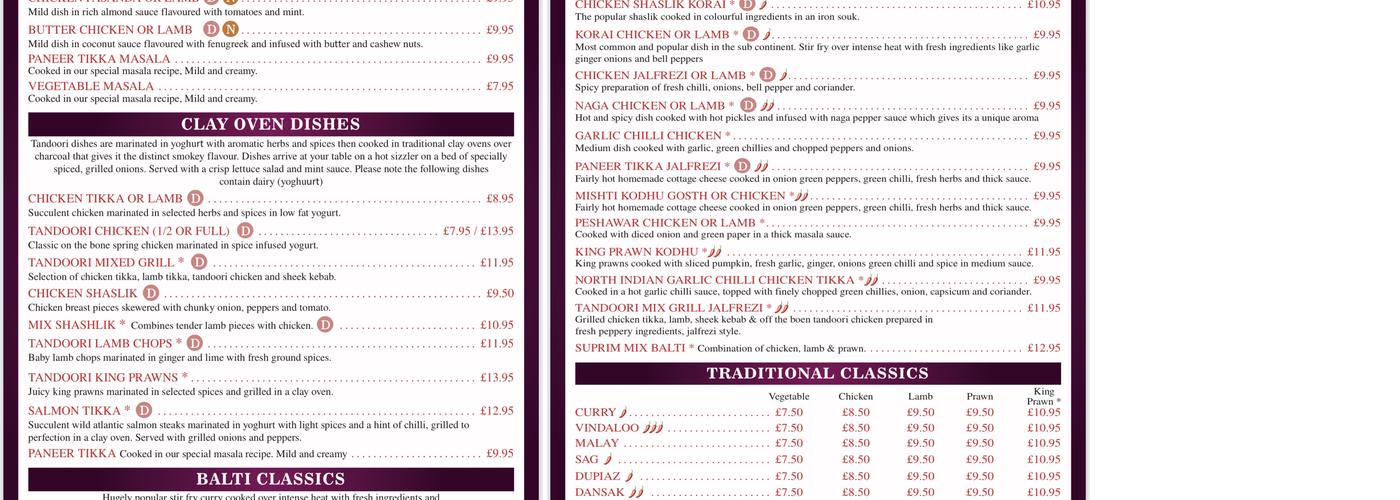 Balti House Menu