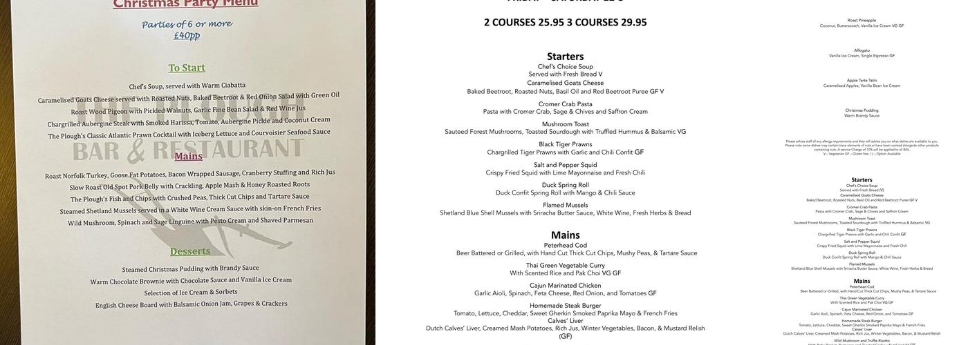 Plough at Mountnessing Menu