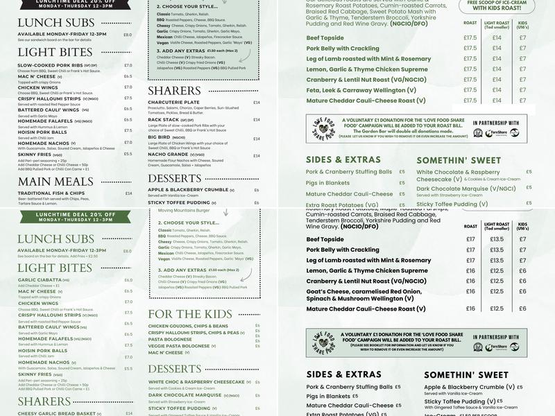 The Garden Bar Hove Menu