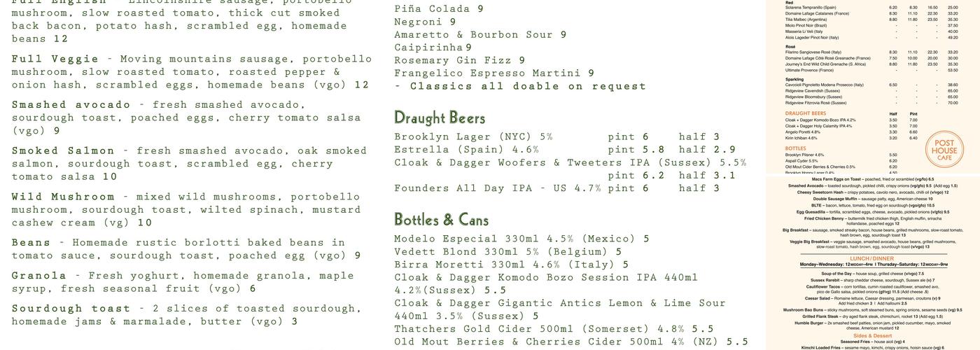 Post House Cafe Brighton Menu