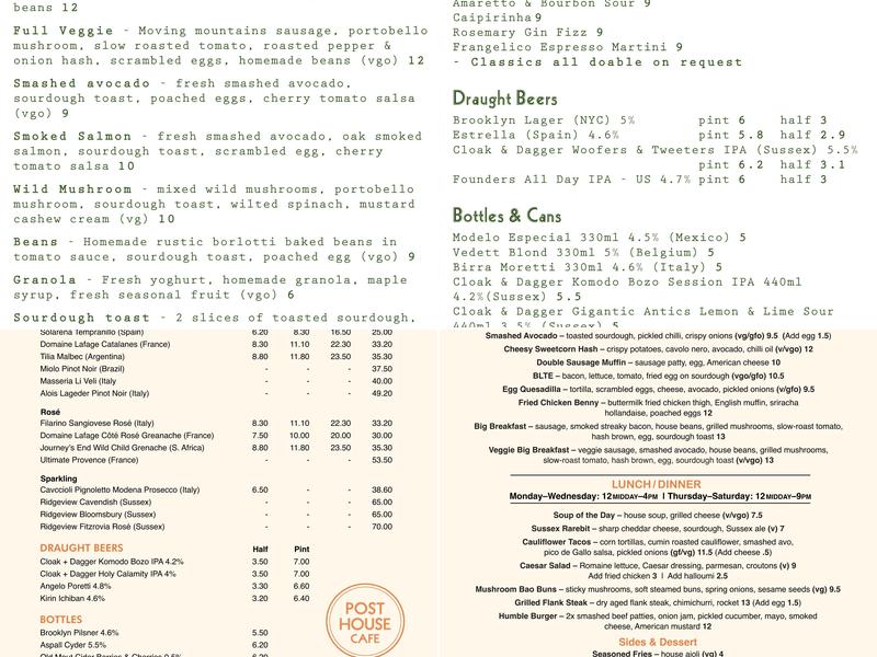 Post House Cafe Brighton Menu