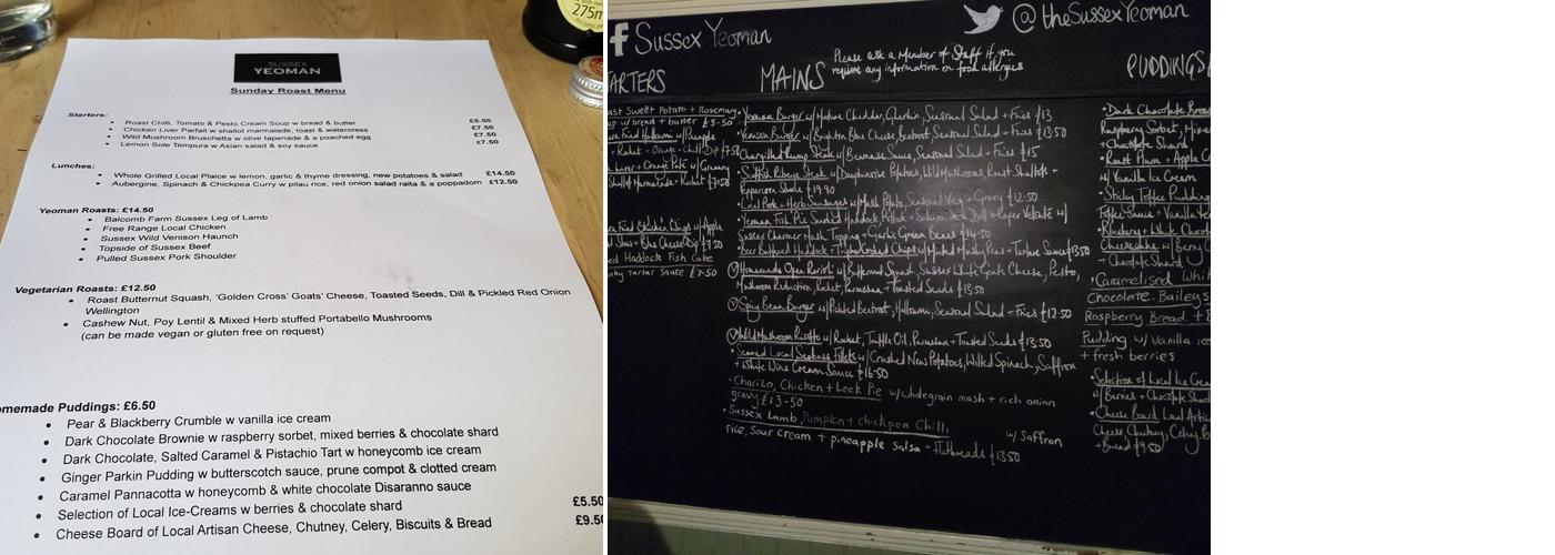 The Sussex Yeoman Brighton Menu