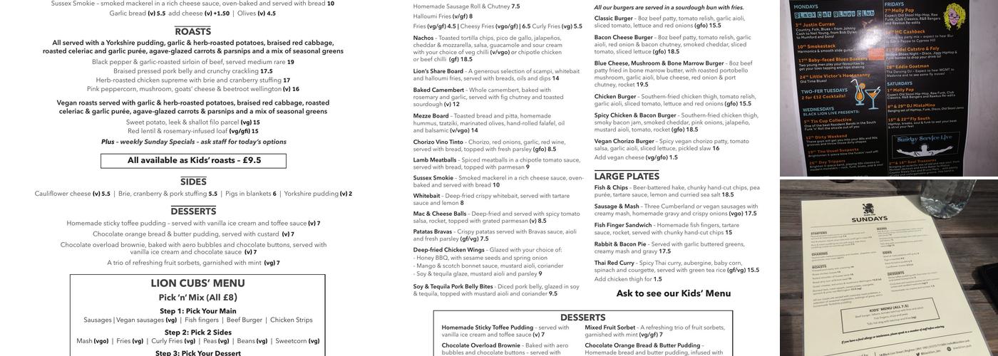 The Black Lion Menu