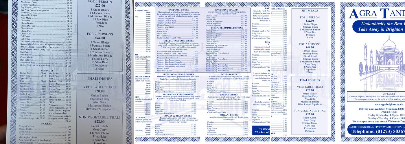Agra Tandoori Menu