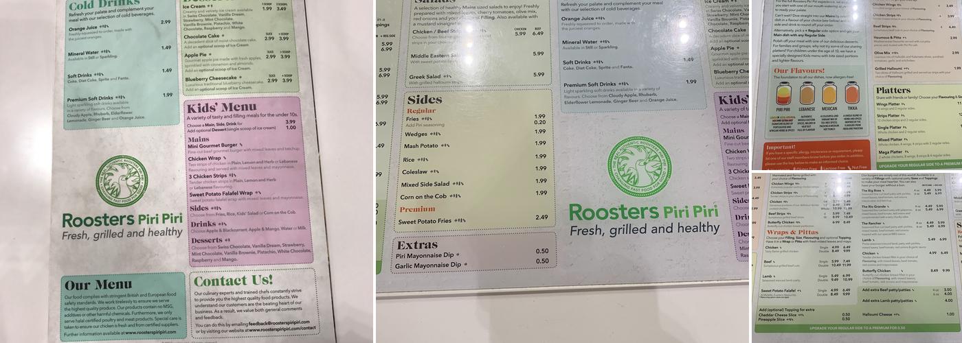 Roosters Piri Piri Menu