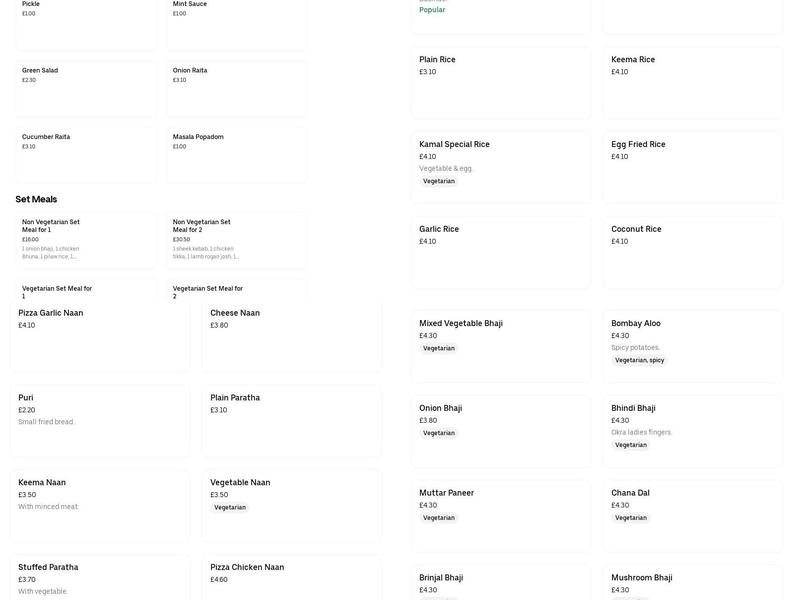 Kamal Indian Brighton Menu