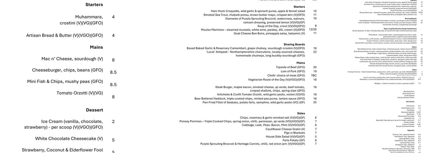 Althorp Coaching Inn Menu