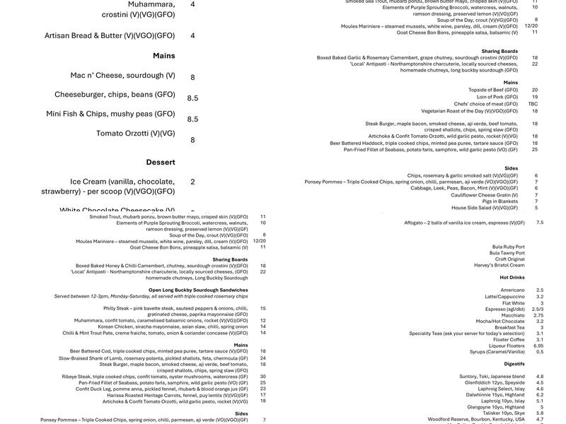 Althorp Coaching Inn Menu