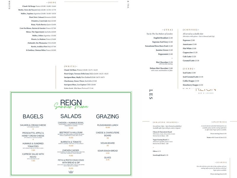 Reign Bar and Lounge Menu
