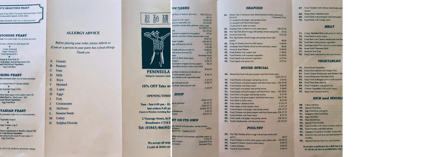 Peninsula Menu