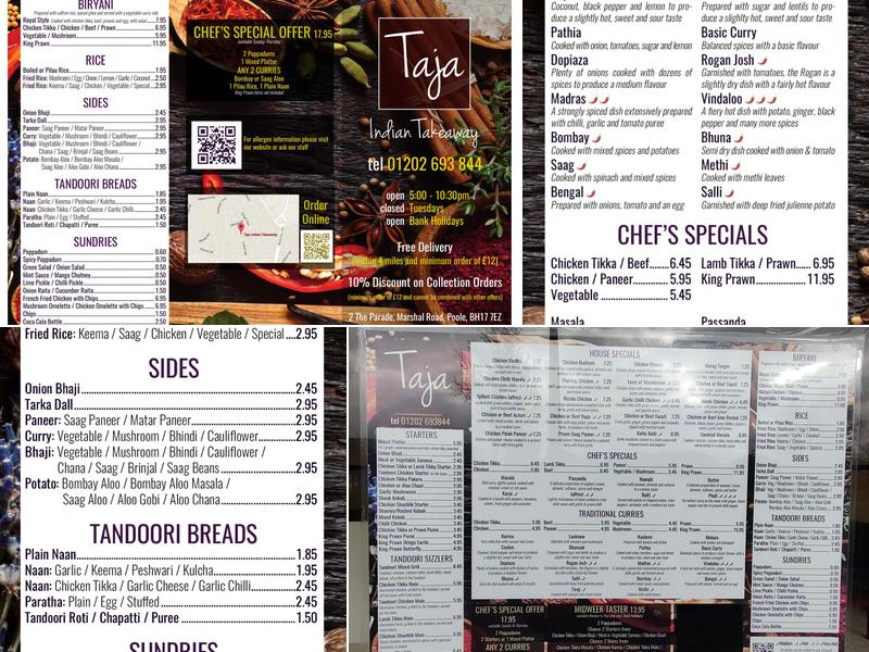 Taja Indian Takeaway Menu