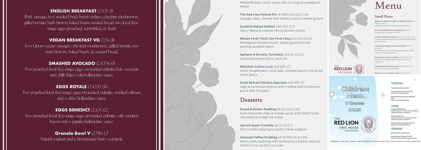 The Red Lion Stevington Menu