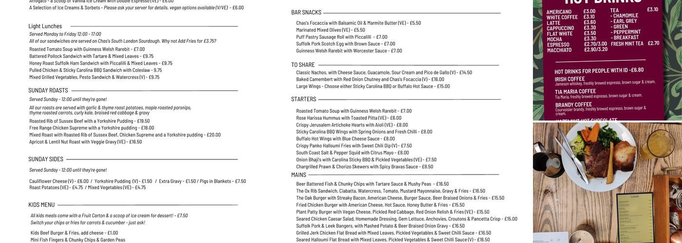 The Oak Menu