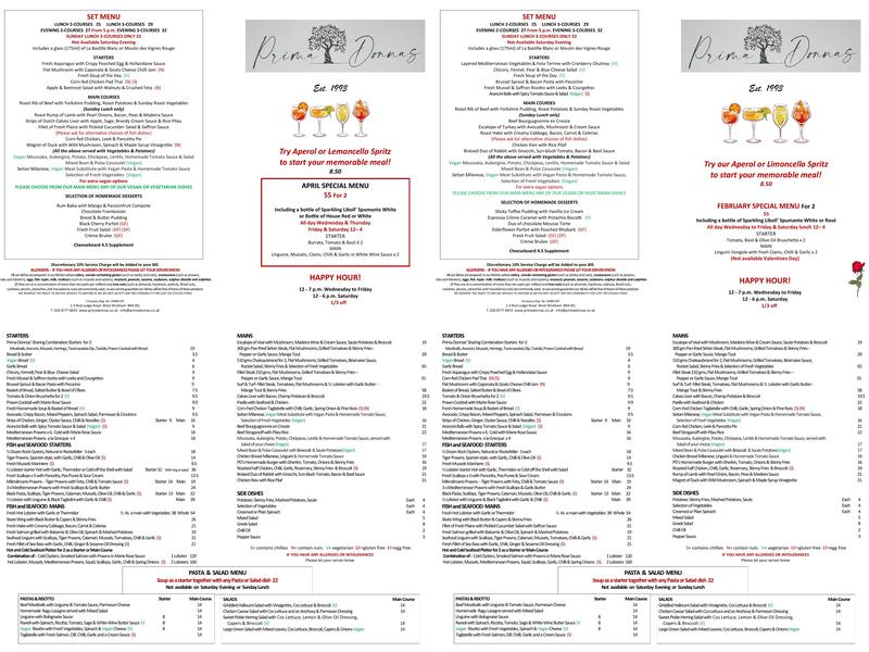 Prima Donnas Menu