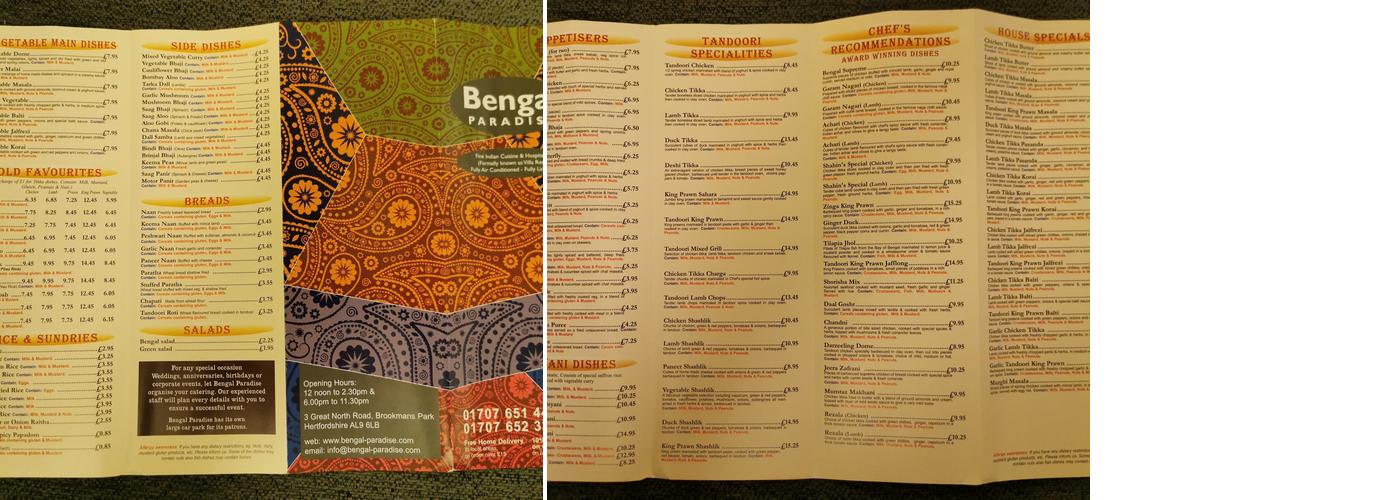 Bengal Paradise Menu