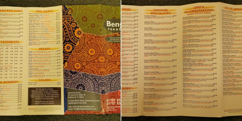 Bengal Paradise Menu