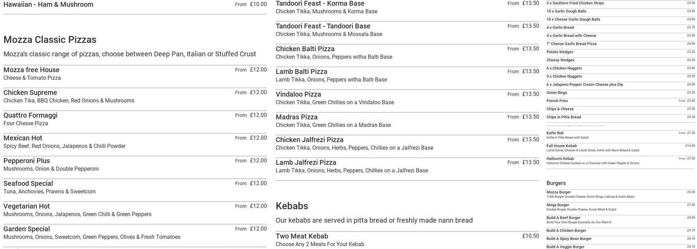 Mozza Pizza & Kebab Takeaway Menu