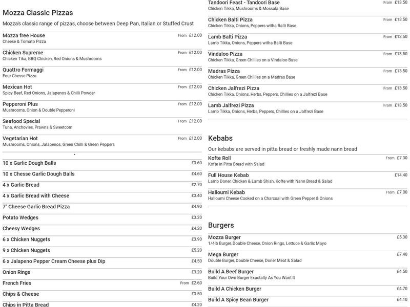 Mozza Pizza & Kebab Takeaway Menu