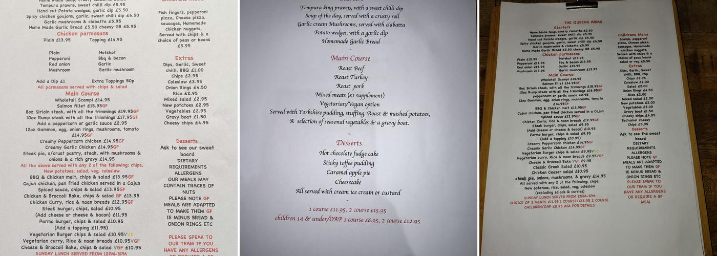 The Queens Arms Menu
