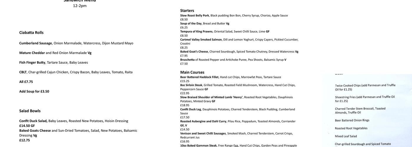 Blacksmiths Arms, Broughton Mills Menu