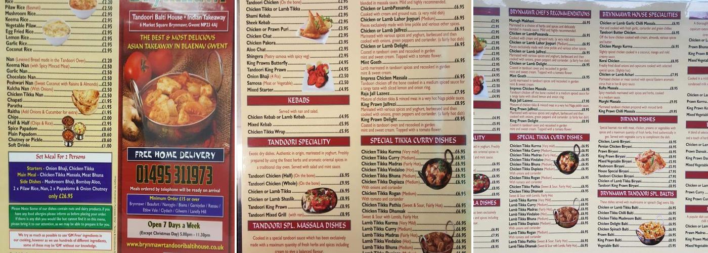 Brynmawr Tandoori Balti House Menu