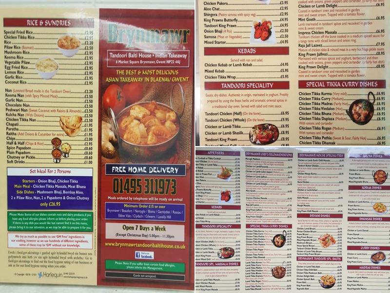 Brynmawr Tandoori Balti House Menu