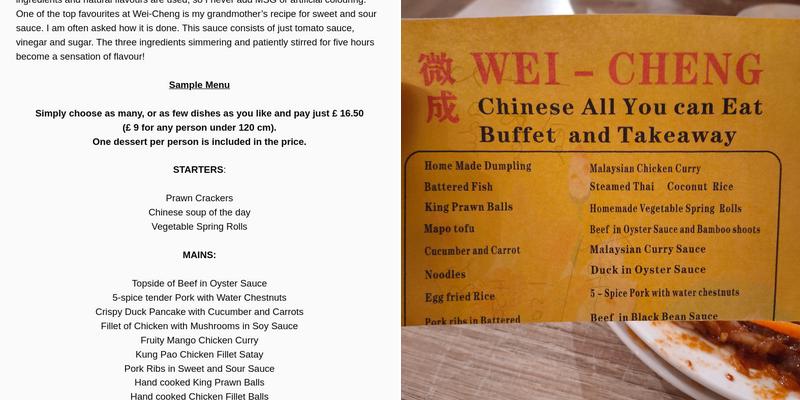 Wei Cheng Chinese Restaurant and Takeaway Bude Menu