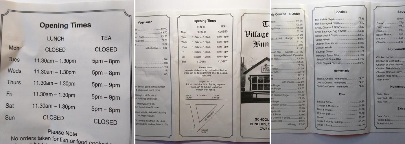 The Village Chippy Menu
