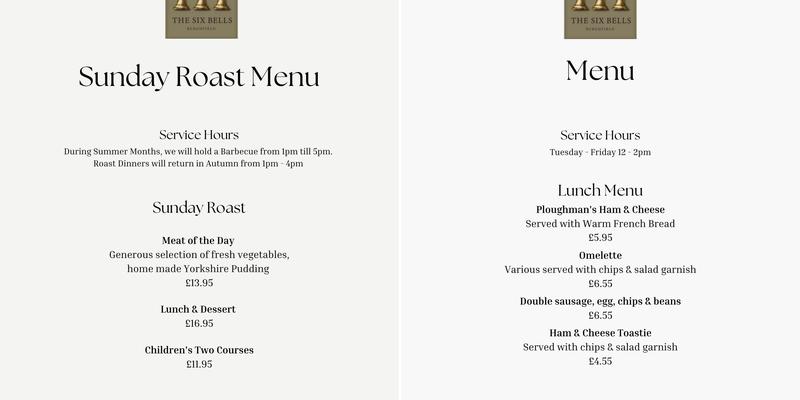 The Six Bells Menu