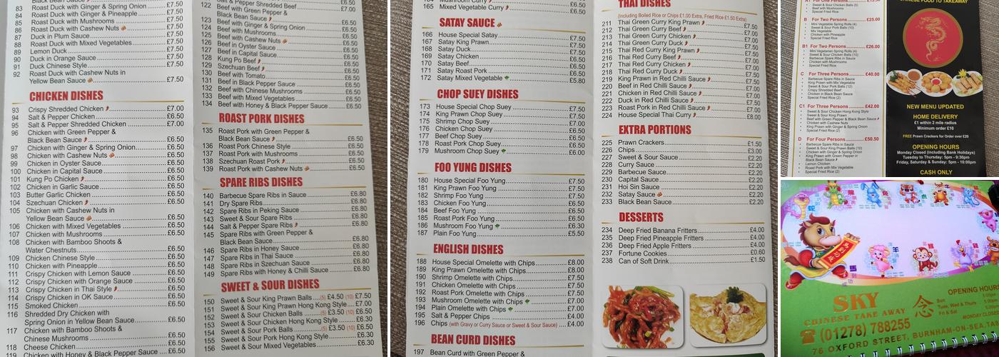 Sky Chinese Takeaway Menu