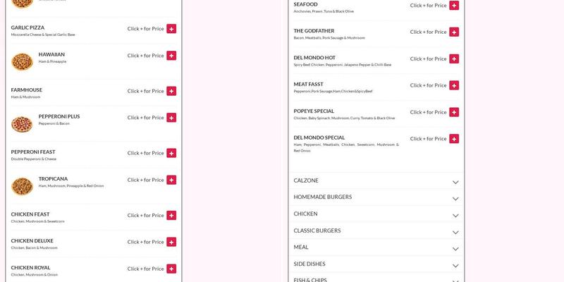 Del Mondo Pizza Menu