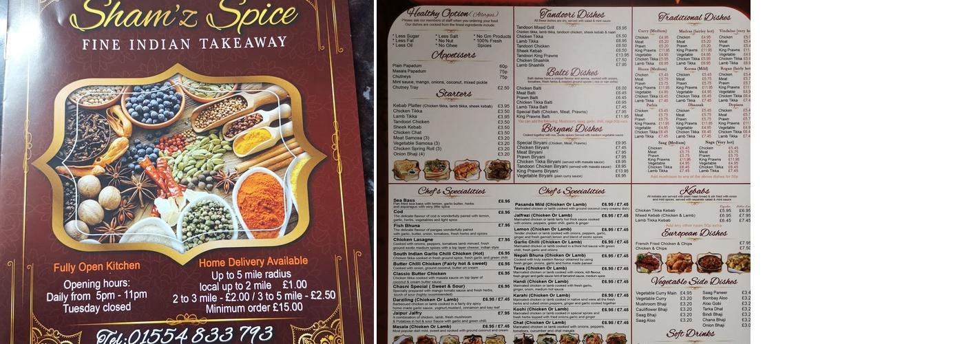 Sham'z Spice Menu