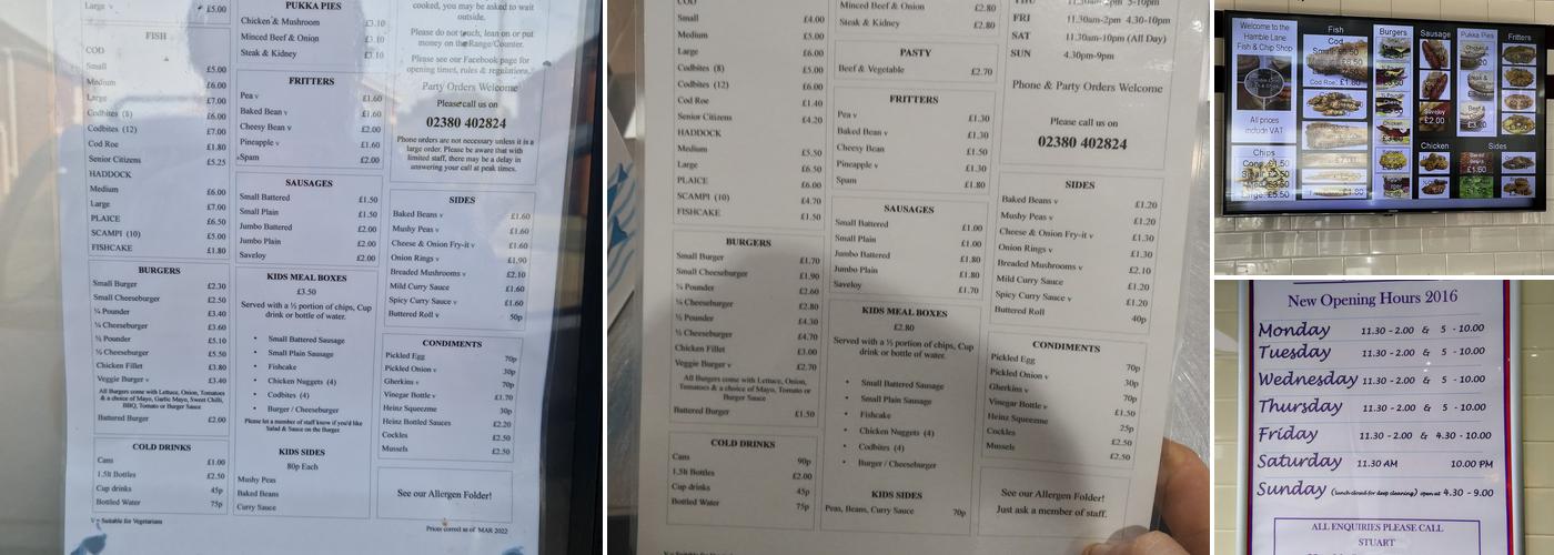 Hamble Lane fish and chips Menu