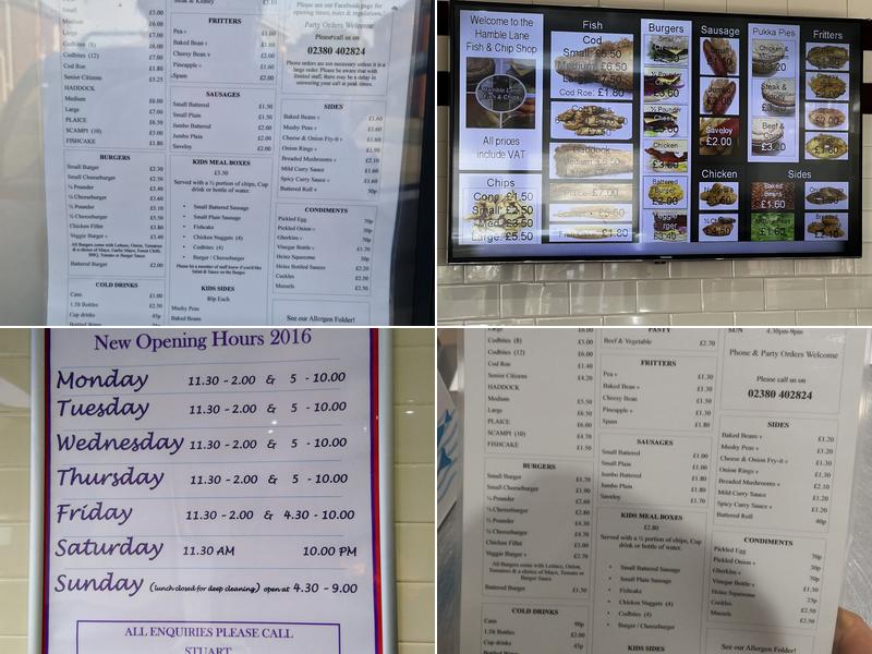 Hamble Lane fish and chips Menu