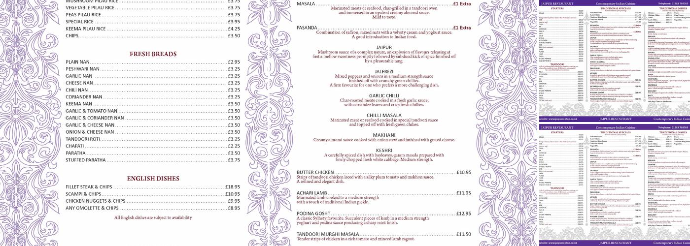 Jaipur Restaurant Menu