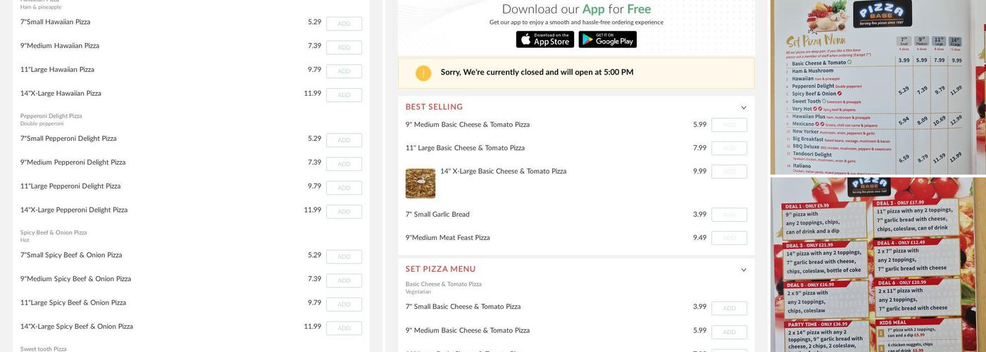 Pizza Base Menu