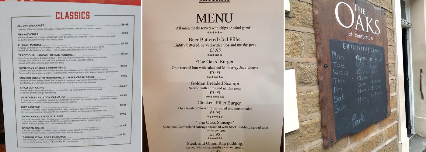 The Oaks Ramsbottom Menu
